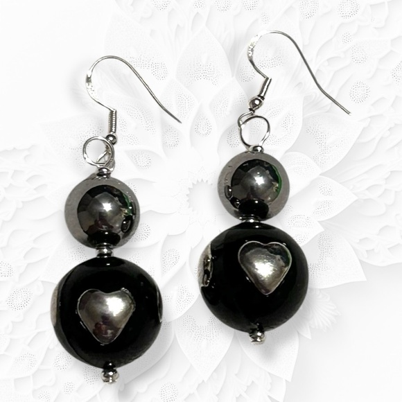 Hand Crafted Earrings Hearts Black Silver Acrylic Glass Long Pierced - Picture 2 of 5